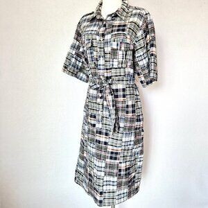 Cambridge Dry Goods Madras Patchwork Plaid Belted Shirt Dress Pocket Cotton